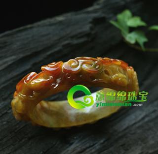 老坑糯冰種紅黃翡翠A貨玉貔貅雕花手鐲53