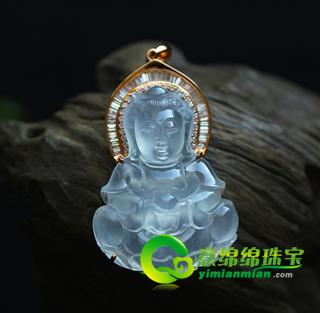 老坑玻璃種翡翠A貨玉觀音鑲金鉆掛件-出入平安