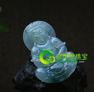 天然翡翠A貨老坑冰種飄花翡翠玉觀音掛件-出入平安