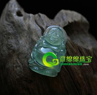緬甸老坑玻璃種天然晴水綠翡翠A貨玉彌勒佛掛件