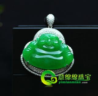 老坑玻璃種天然滿(mǎn)綠翡翠A貨鑲金鉆玉彌勒佛吊墜