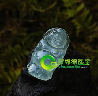 天然翡翠A貨老坑玻璃種熒光湖綠翡翠玉佛吊墜-笑彌勒站佛