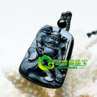 天然翡翠A貨老坑冰種墨翠玉掛件-鐘馗 
