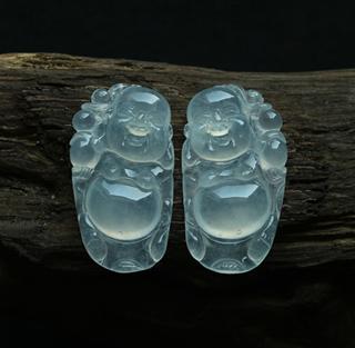 緬甸老坑冰玻璃種天然翡翠A貨玉彌勒佛吊墜一對(duì)